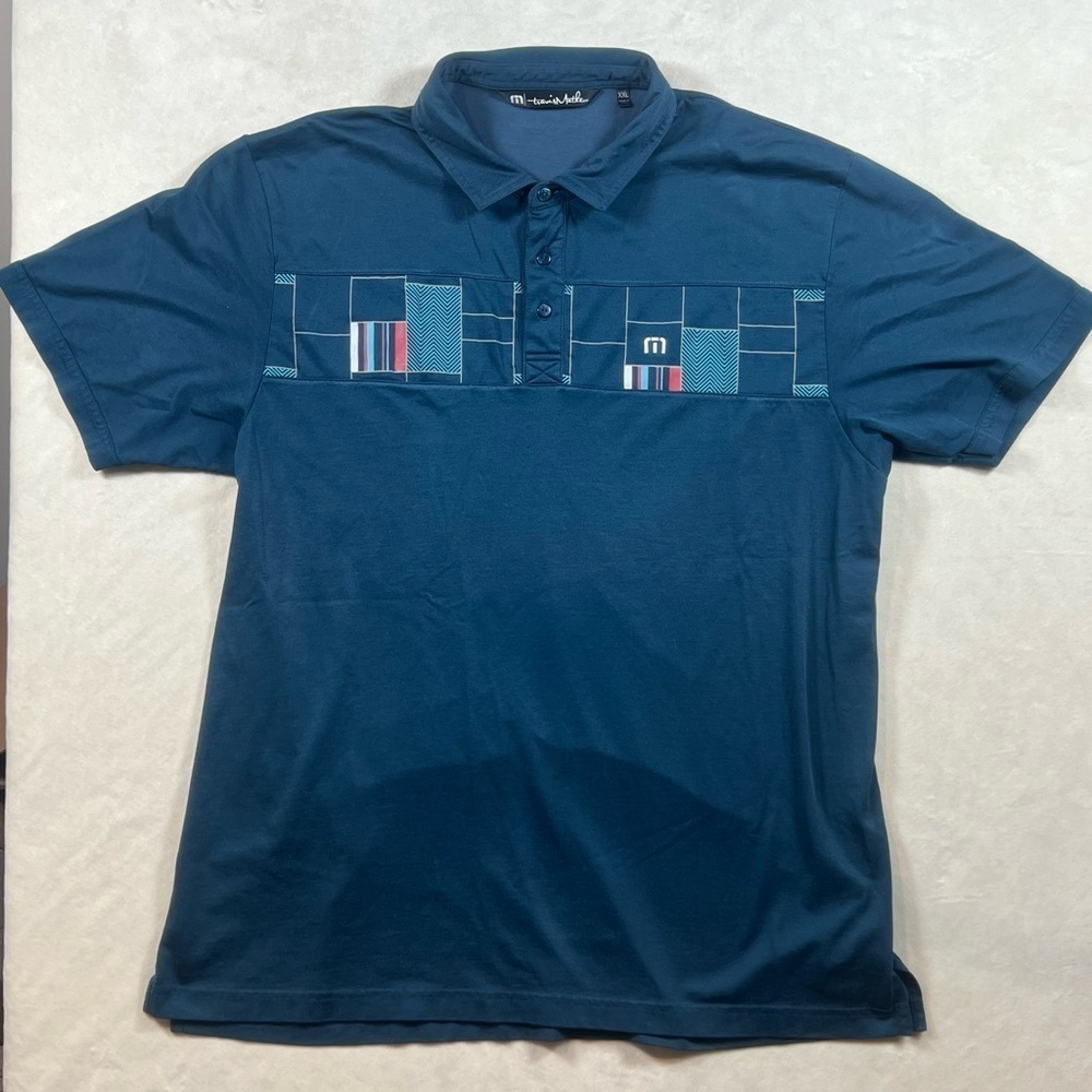 Travis Matthew XXL Patchwork Navy Golf Polo Shirt Performance Stretch Shirt